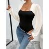 Women's Fashion Sexy Bodysuits Autumn Spliced Knitted Long Sleeve Slim Fit Elegant Square Collar