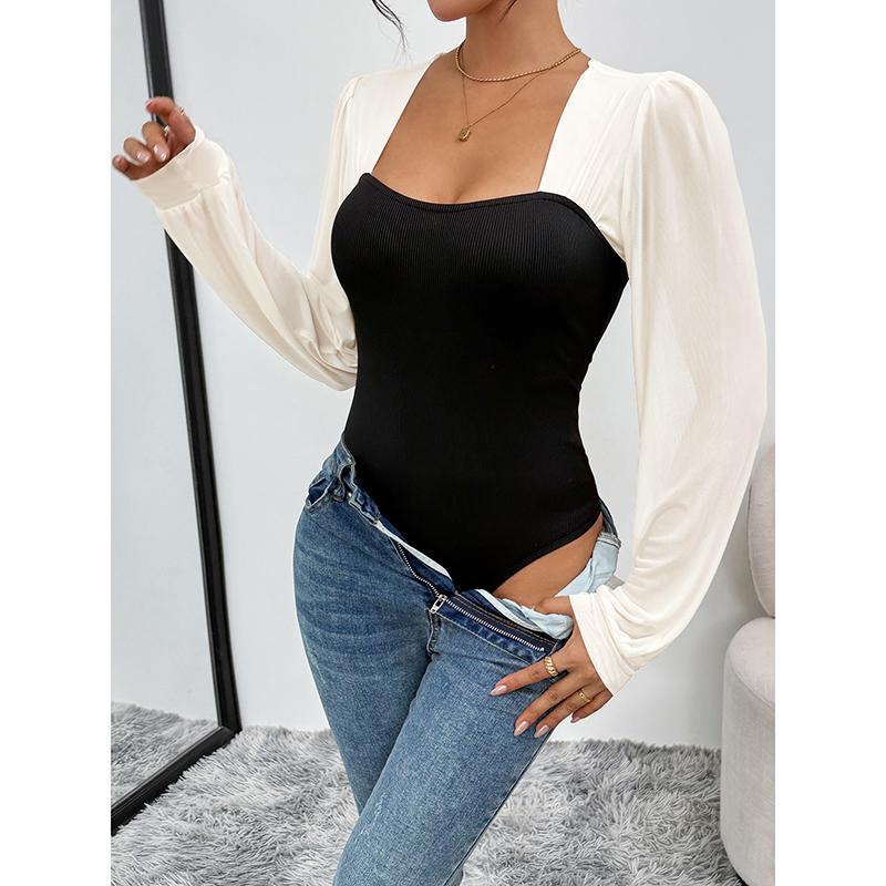Women's Fashion Sexy Bodysuits Autumn Spliced Knitted Long Sleeve Slim Fit Elegant Square Collar