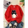 European sizes Crewneck Sweatshirt for Kids Featuring a Black Cat in a White Mug, Soft And Comfy Sportswear Is Perfect for Casual Wear for Children
