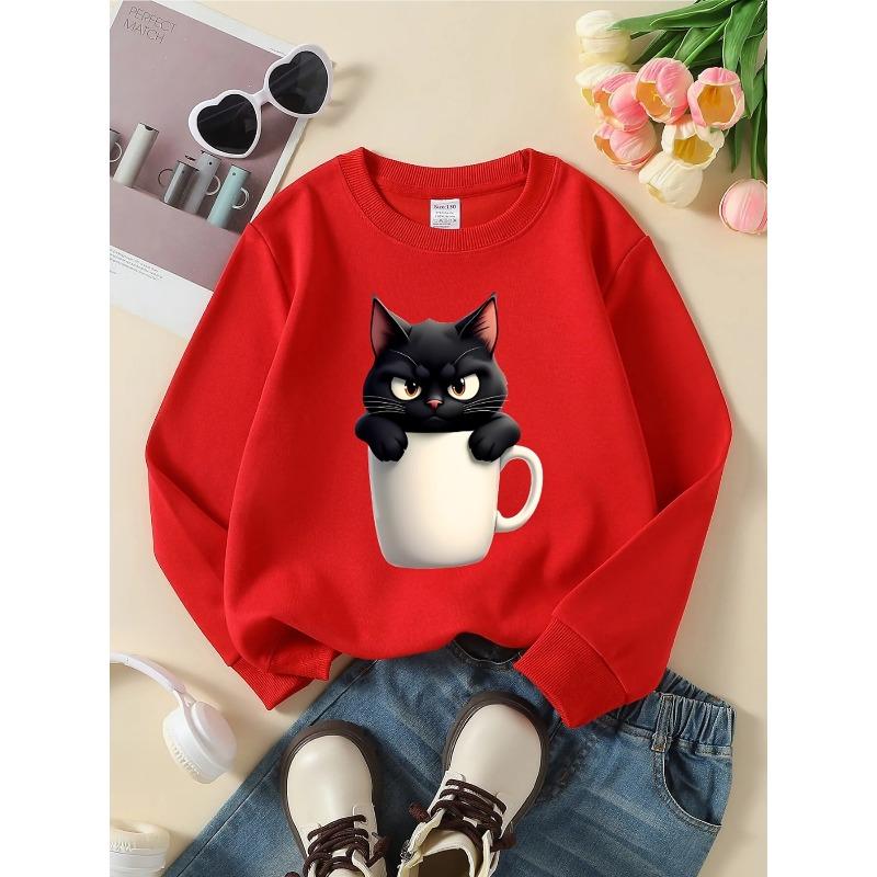 European sizes Crewneck Sweatshirt for Kids Featuring a Black Cat in a White Mug, Soft And Comfy Sportswear Is Perfect for Casual Wear for Children
