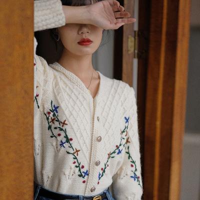 Embroidery Crochet Retro Sweater Small Jacket Women Thin Spring and Fall Temperament Lazy Wind Knitted Cardigan