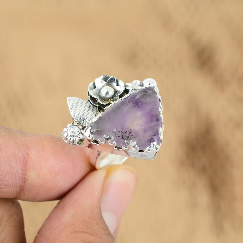 Gift For Her 925 Silver Natural Star Amethyst Multi Stone Flower Adjustable Ring