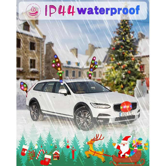 Christmas Reindeer Antlers Car Decoration Kit, IP44 Waterproof LED Lights Nose Vehicle With Jingle Bells Rudolph, Auto Holiday Accessories For SUV