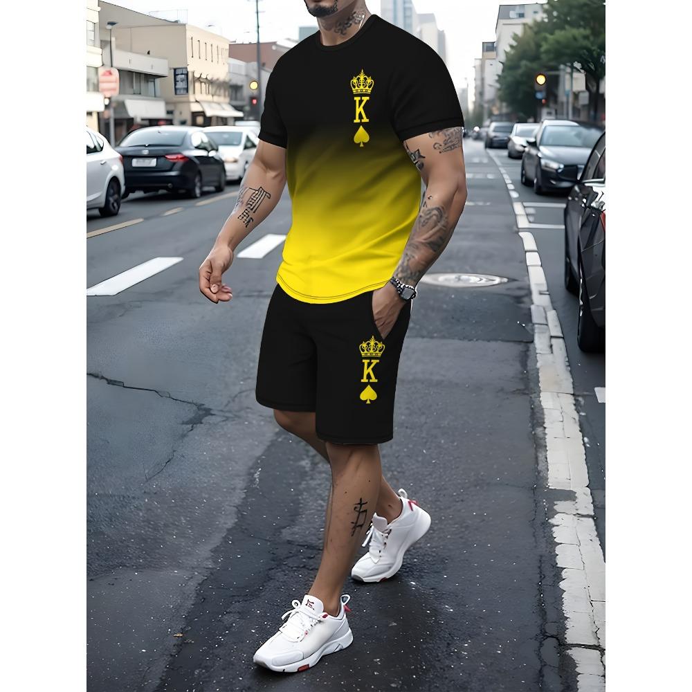 

Men s summer casual sportswear set with 3D printed fashionable round neck short sleeved T-shirt and shorts set made of polyester XL