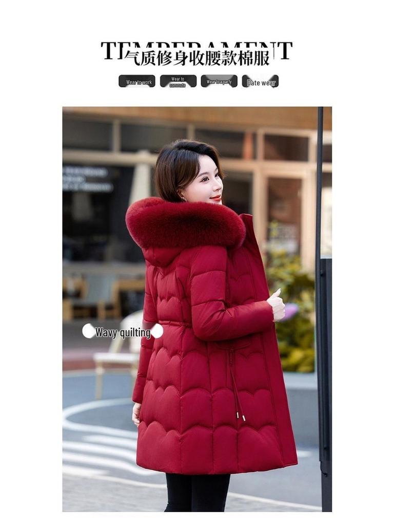 Women's Mid-Length Winter Fur Collar Hooded Cotton Jacket - Fashionable Slimming Warmth