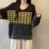 Maglione da Donna Pullover Stile a Quadri Colorblock Lavorato a Maglia Stile Coreano Scollo a V Ampio Base Autunnale