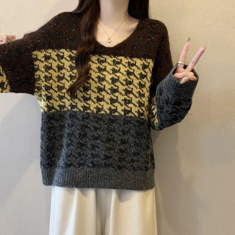 Maglione da Donna Pullover Stile a Quadri Colorblock Lavorato a Maglia Stile Coreano Scollo a V Ampio Base Autunnale