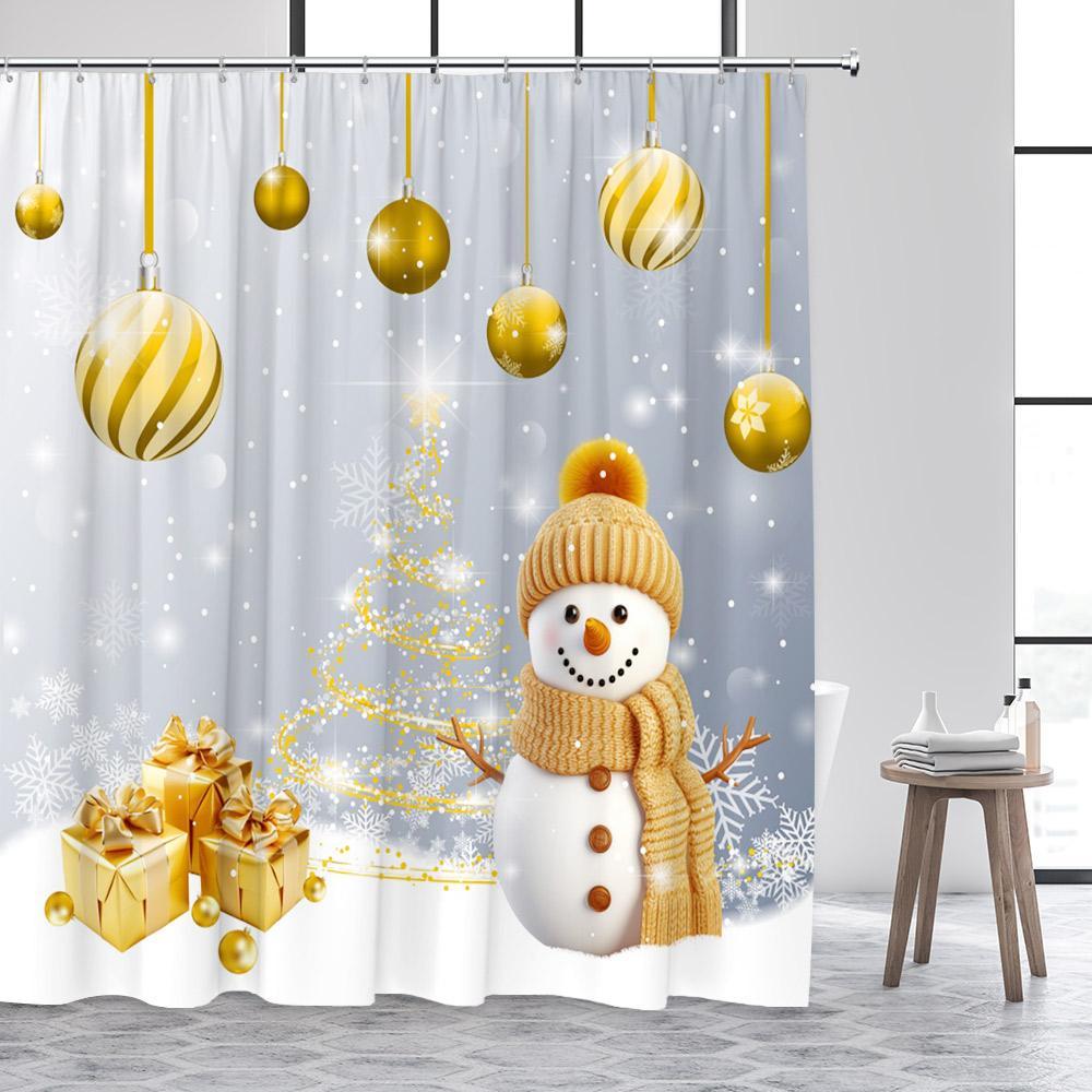 Cute Snowman Christmas Shower Curtains Blue Xmas Tree Rope Ball Gift Snowflake Winter Scenery Fabric Home Bathroom Curtain Dec