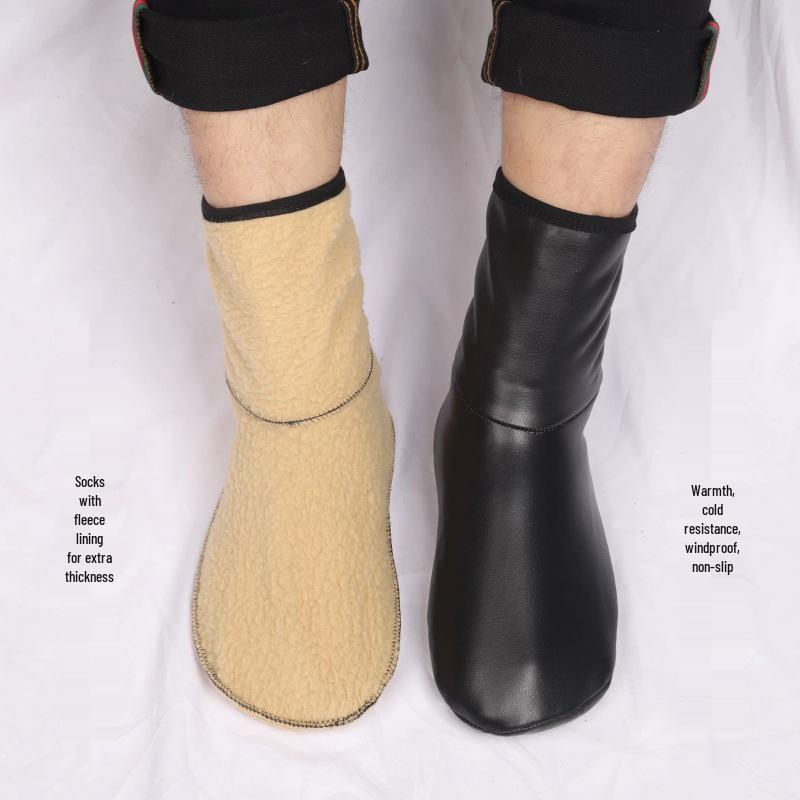 Extra Thick Waterproof Fleece-Lined Non-Slip Mid-Calf Leather Socks for Winter Cold Protection - Unisex Indoor Floor Socks