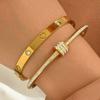 Stainless Steel Gold Plated Clover Charm Bangle Set With Rhinestone Accents Women