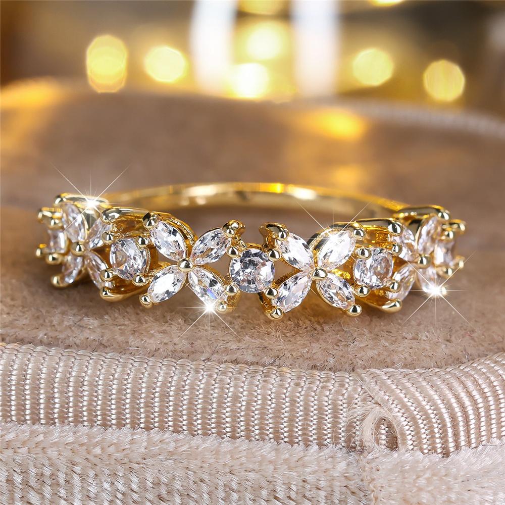 Cute Female White Crystal Stone Flower Ring Gold Color Wedding Jewelry Promise Engagement Rings For Women