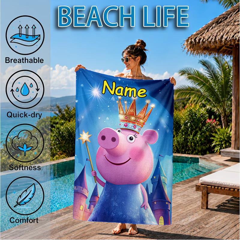 Custom Name Beach Towel Princess Pig's Royal Adventure Microfiber Beach Towel, Lightweight for Summer Travel, Swimming Pool Fan Birthday Gift