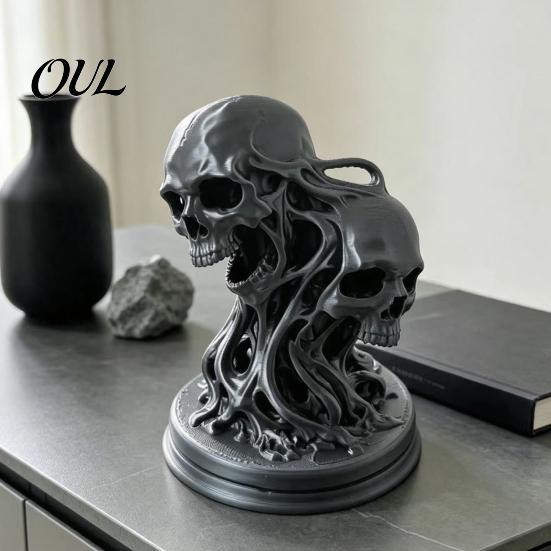 Spooky Bar Decor 3D Printed Double Skull Ornament, Resin Twisted Skeleton Figurine, Gothic Desktop Durable Halloween Table Decorations Statue for Home