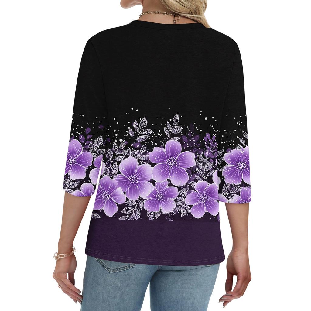 Women's Fashionable Casual Retro Floral Print V,Neck Button,Down Three,Quarter Sleeve T,Shirt Top