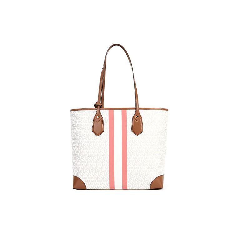 Michael Kors MK Eva Monogram Logo Stripe Color Block Canvas Tote Bag Women Tote Bags Vanilla-White Rose-Pink 30T9GV0T7B-986