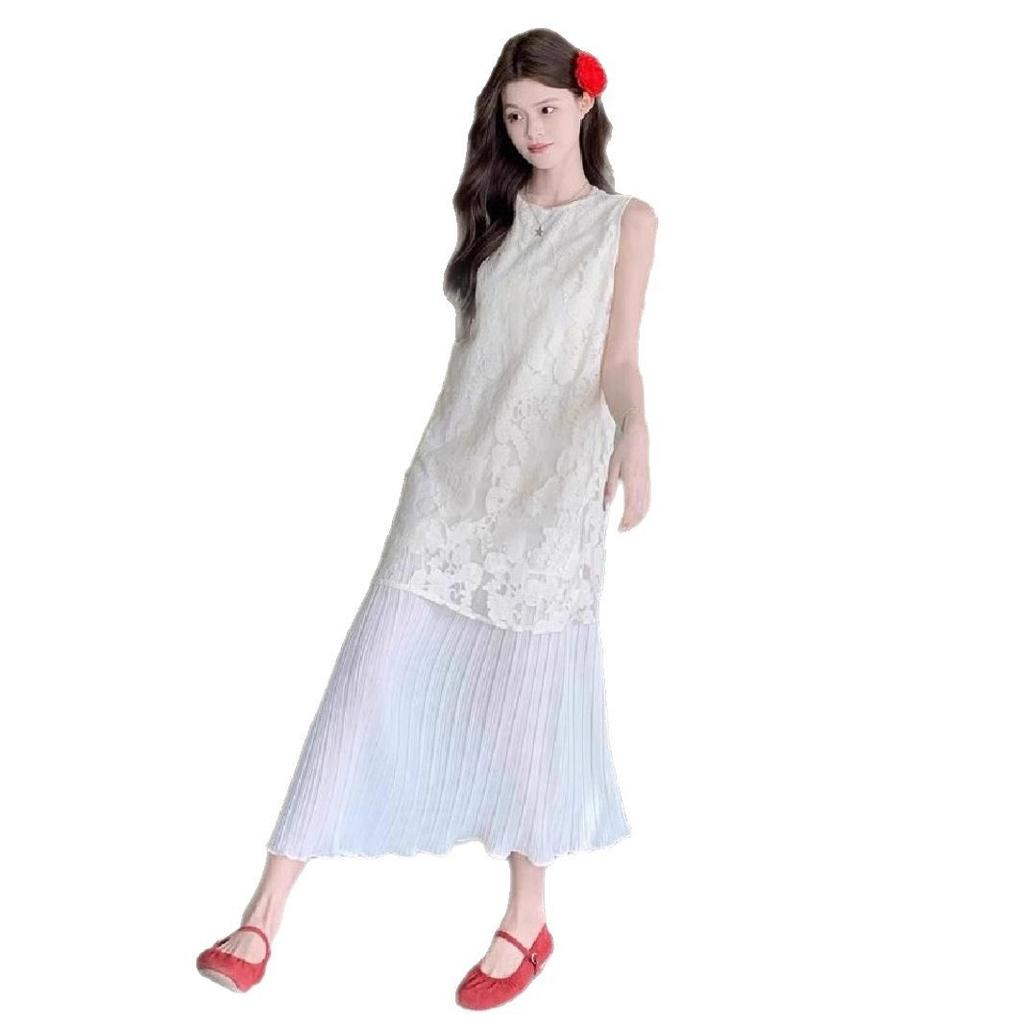 French Holiday Lace Splicing Dress Women's Summer New Super Fairy Gentle Temperament Vest Long Skirt
