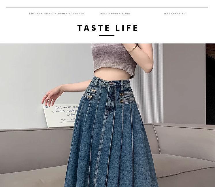 2023 Summer Retro Pleated Denim Midi Skirt: Women's High Waist A-line Design