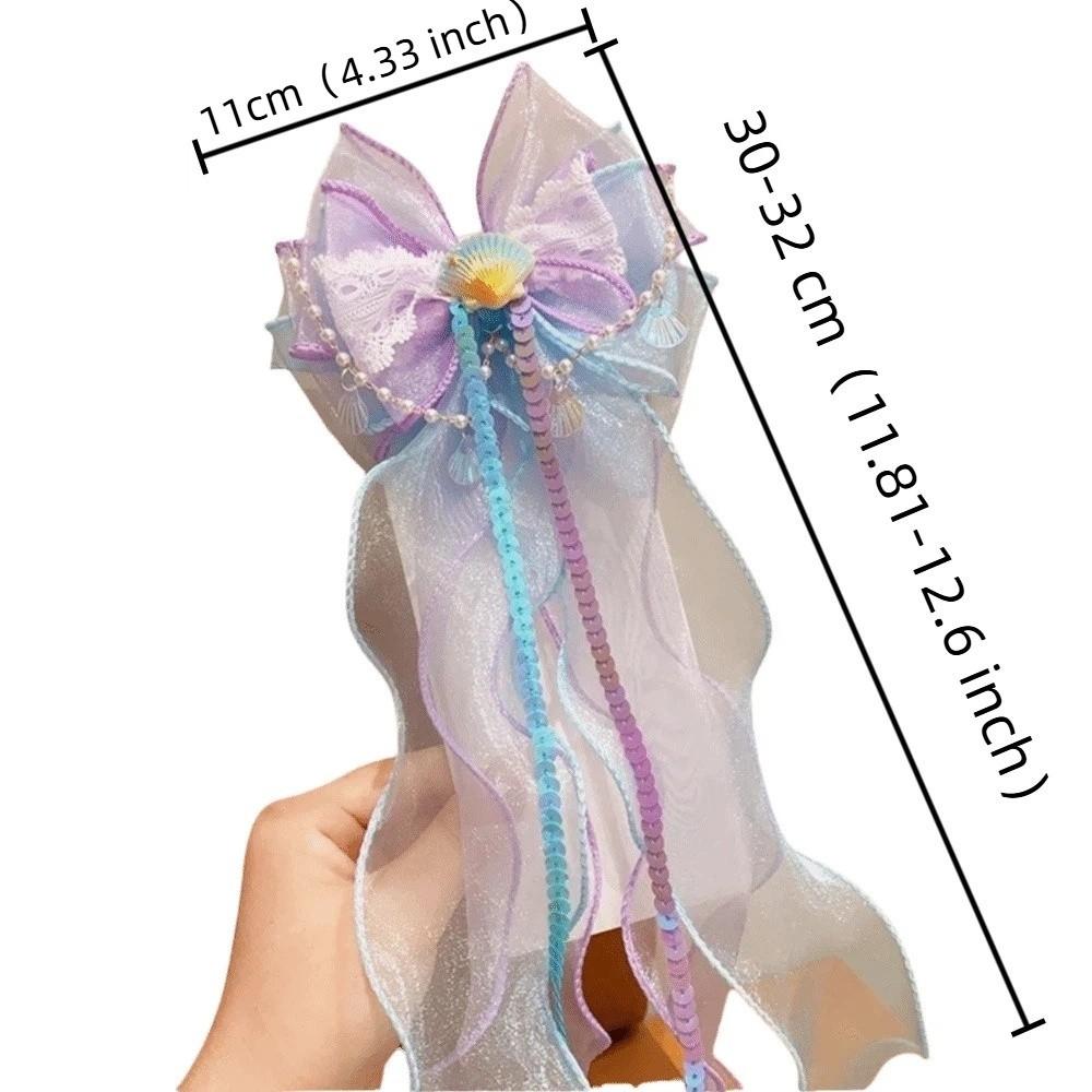 Cute Sweet Mermaid Bow Hair Clip Seashell Lace Organza Ribbon Hair Barrette Tassel Starfish Hairpin Ocean-Themed Party