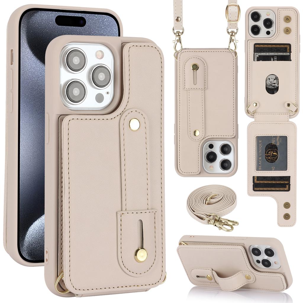 For iPhone 16 Pro Max Case Kickstand Card Slots Leather Coated TPU Cover with Shoulder Strap