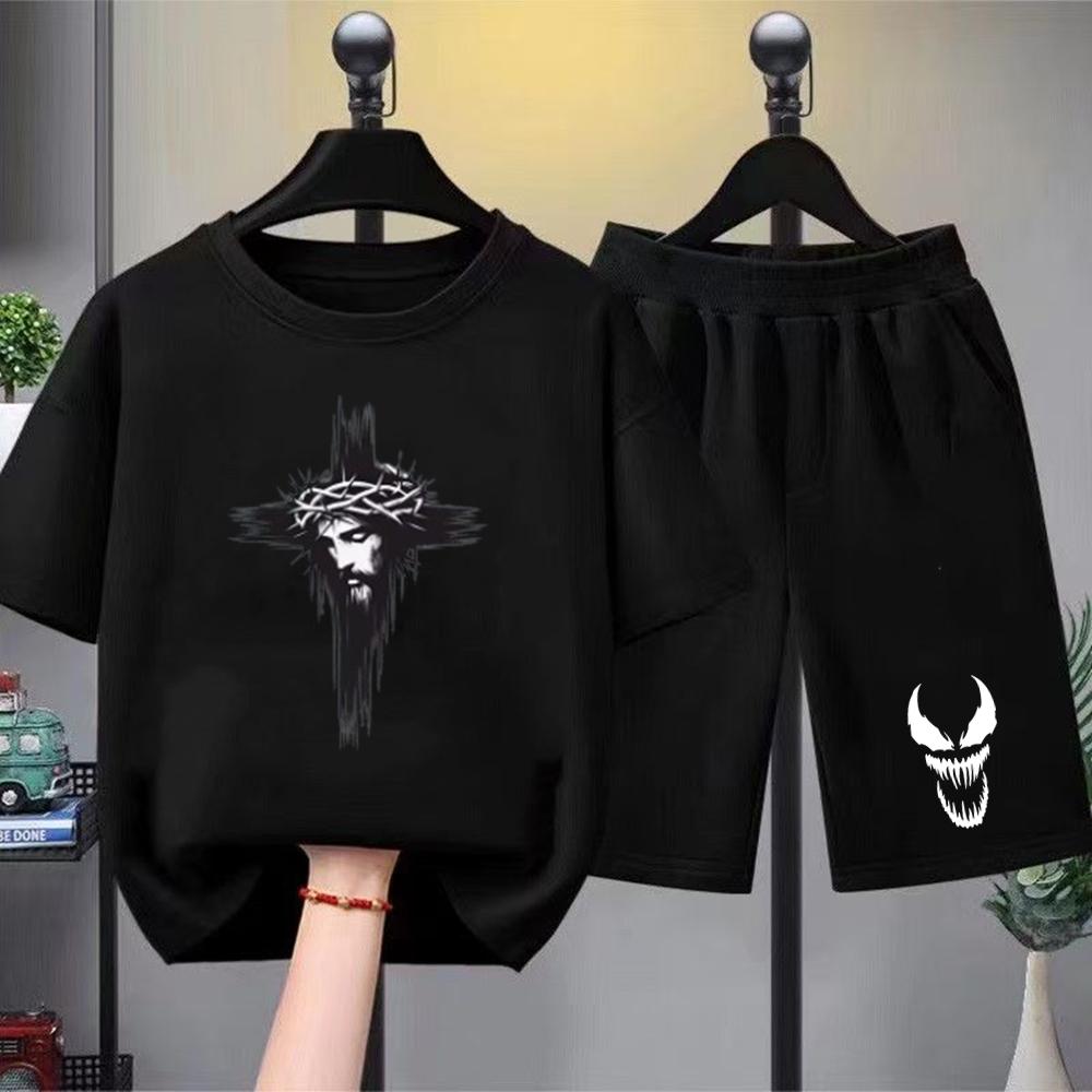 Hip Fashion Hop Trend Street Art Print Summer T-shirt+shorts Boy Black Girl Sets T-shirt kids Tops Casual Tees round neck-Neck