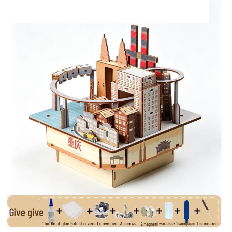 Landmark City Rotating Wooden Music Box DIY Birthday Gift