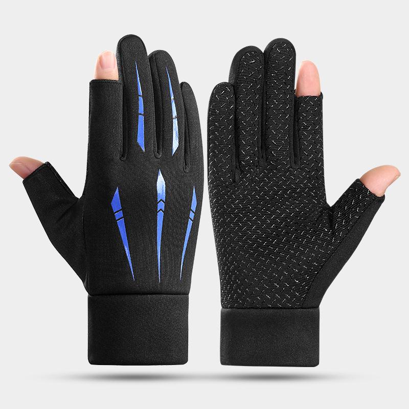 Men's Winter Touchscreen Cycling & Driving Gloves - Velvet Lined, Non-Slip, Two-Finger Design for Motorcycling and Fishing.