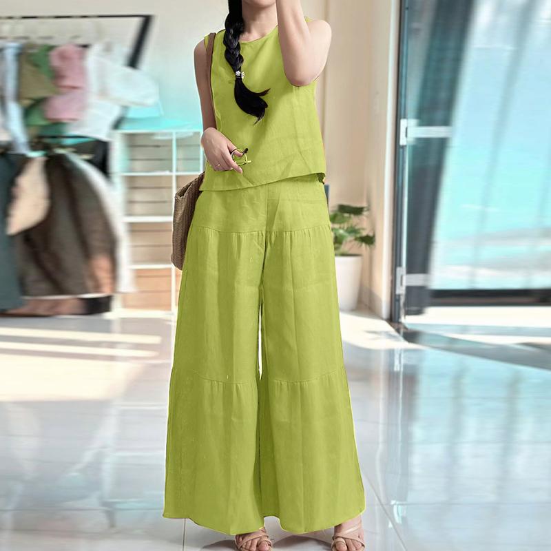 

ZANZEA Женские топы без рукавов и брюки с широкими штанинами Летние костюмы-двойки 5XL зелёный