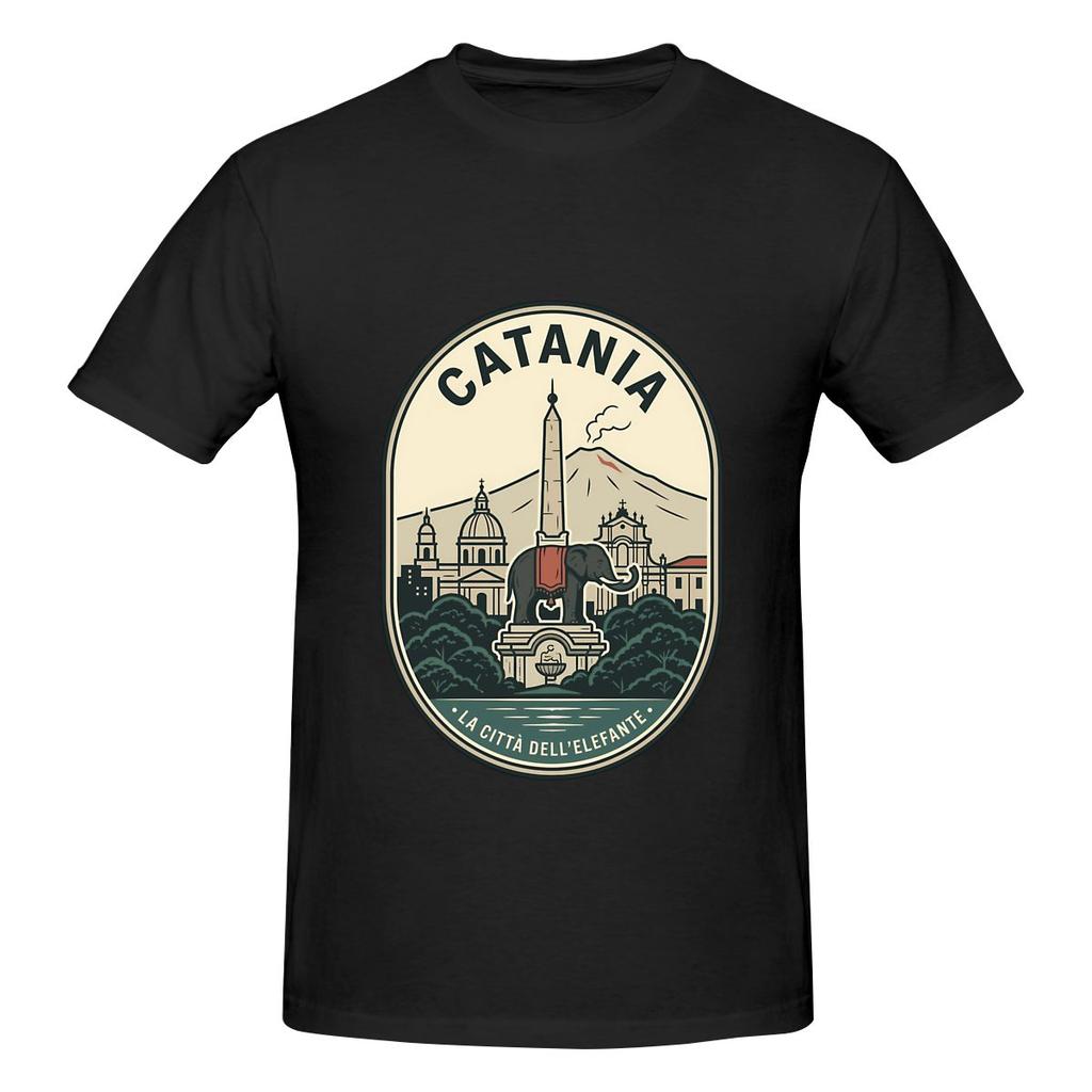 Vintage Catania Sicily Elephant Fountain Mount Etna Slightly Wide Tshirt Fitness Leisure Antipilling Short Sleeve