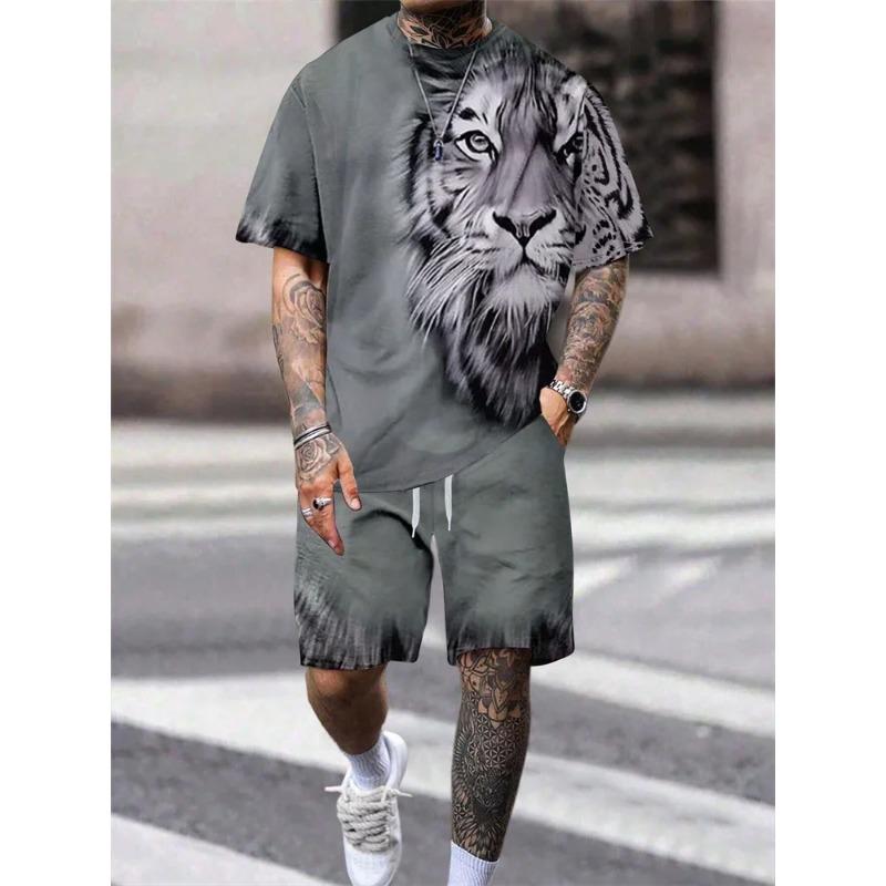 2025 New Lion King 3D Printed Men's Summer Animal Print Relaxed Fit Short Sleeve & Shorts 2-Piece Casual Sport Outfit Set