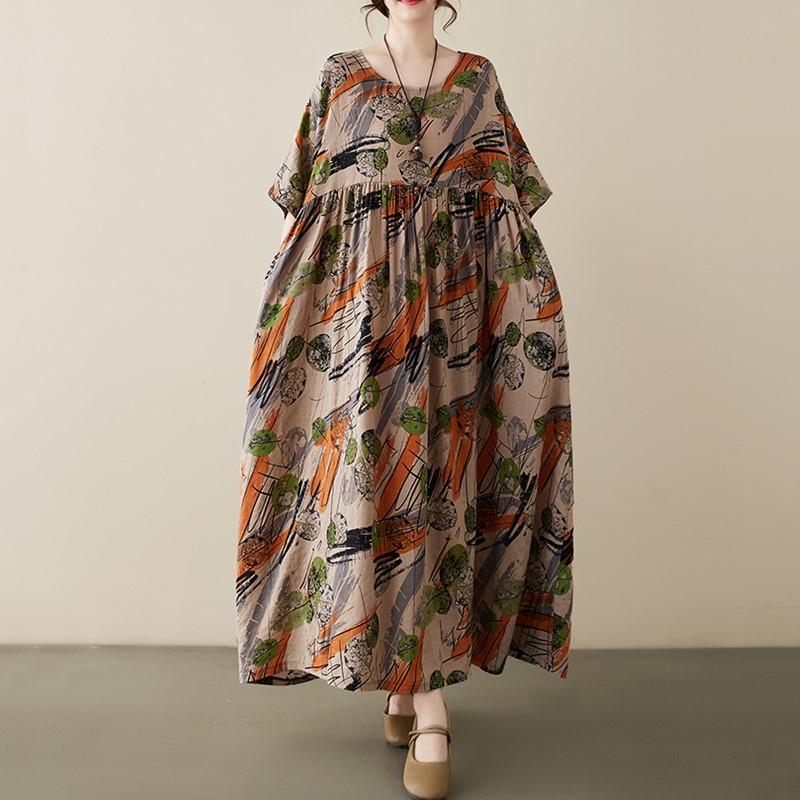 Kurzarm Plus-Size-Baumwolle im Vintage-Stil mit Blumenmuster, neu in Kleidern für Damen, lässig, locker, für den langen Sommer