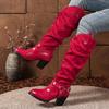 2025 Shiny Female Knee High Boots Round Toe Block Heels 6.5cm Slip On Flock Suede 45 46 47 48 Fashion Riding Booties