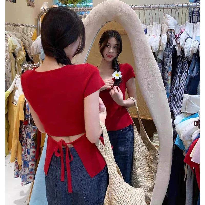 Luxury Women's Ice Silk Knit T-shirt: Stylish, Waist-Cinching, Square Neck, Short Sleeve, Back Tie