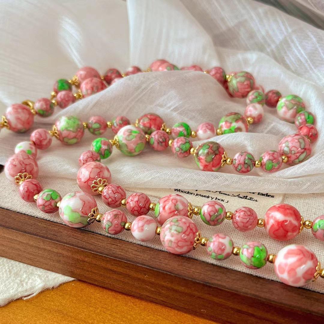 Retro National Style Ceramic Super High Quality Peach Blossom Stone Necklace Atmosphere Clavicle Chain