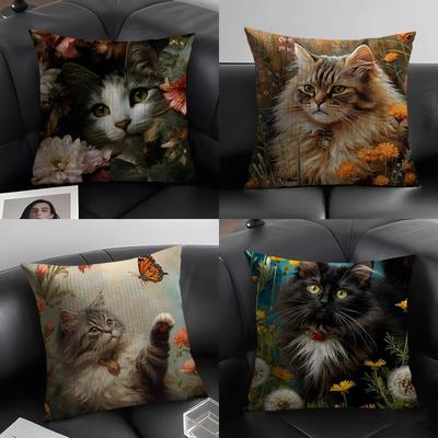 Cat And Flower Fashion Cushion Cover Natural Linen Organic Fabric DoubleSided Printing Sofa Home Decor Gift Pillow Case