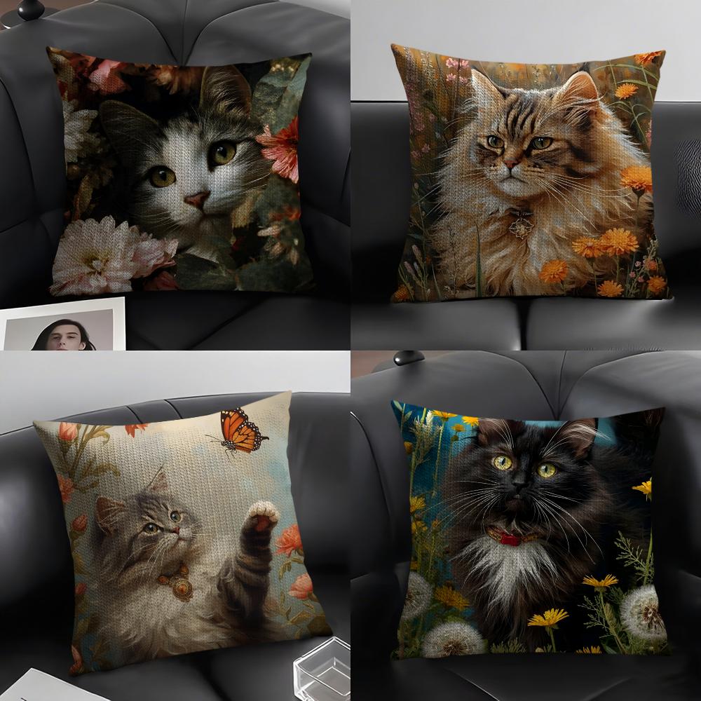 Cat And Flower Fashion Cushion Cover Natural Linen Organic Fabric DoubleSided Printing Sofa Home Decor Gift Pillow Case