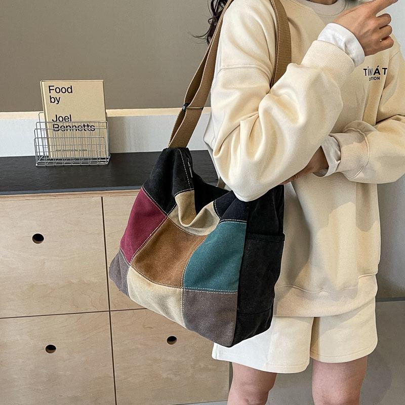 Large Capacity Stitching Contrast Canvas Bag Women's Crossbody Bag Student Class Commuter Bag