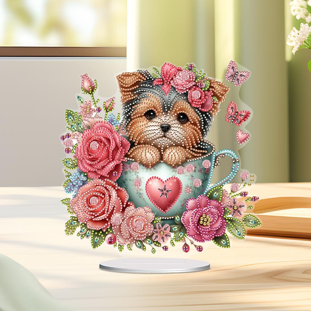 2D Flat Teacup Puppy Print DIY Diamond Painting Desktop Ornaments Kit Diamond Painting Desktop Decorations Bedroom Table Decor