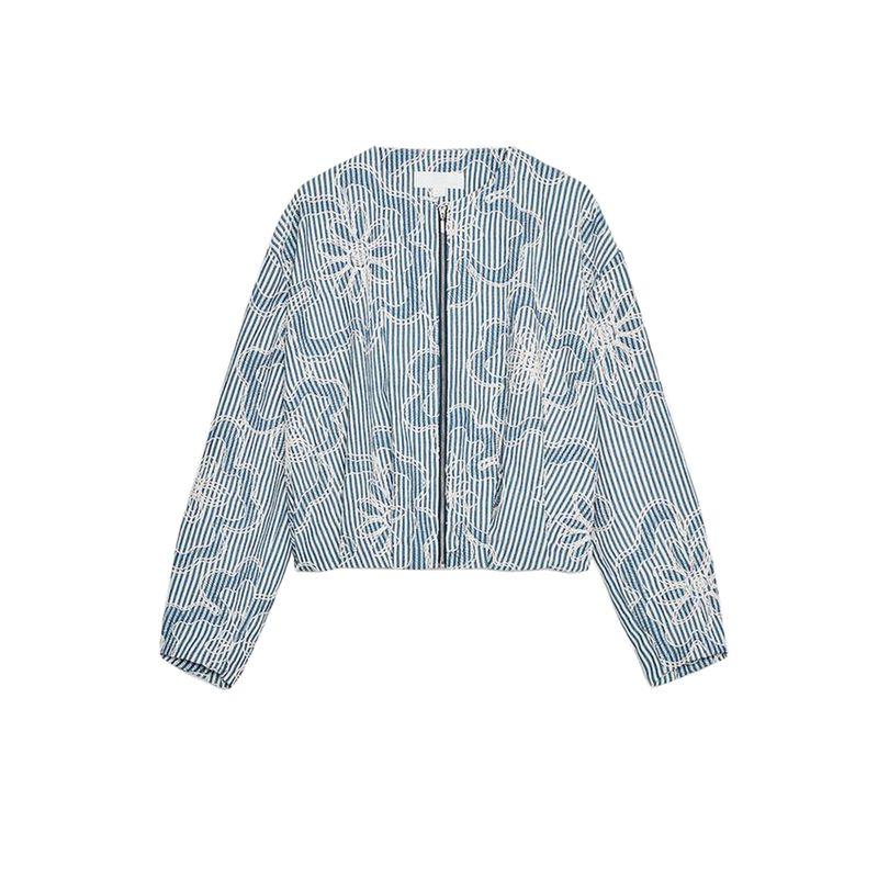 

Летняя женская плиссированная куртка-пилот с декоративным цветком, выпуклым круглым вырезом и текстурой, верхняя одежда 7971946 Blue L