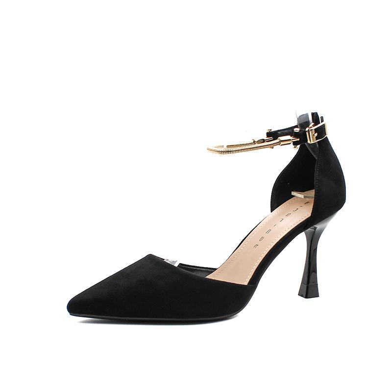 85707 French High Heels One-word Buckle Thin Heel Pointed Head Shallow Mouth Single Shoes Women's Middle Heel Temperament 2025 New Models