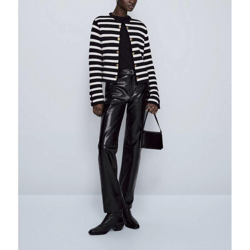 MD Spring New Arrival Women Retro Debutante Style Contrast Color Stripes Cardigan Round Neck Long Sleeve Knitted Coat 5637624