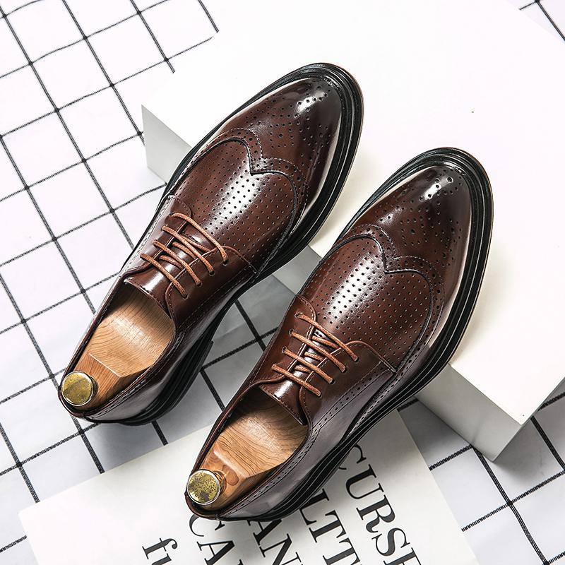 

Summer brown leather shoes men s brock business punching breathable shoes heightening casual British soft soles wedding groom 46
