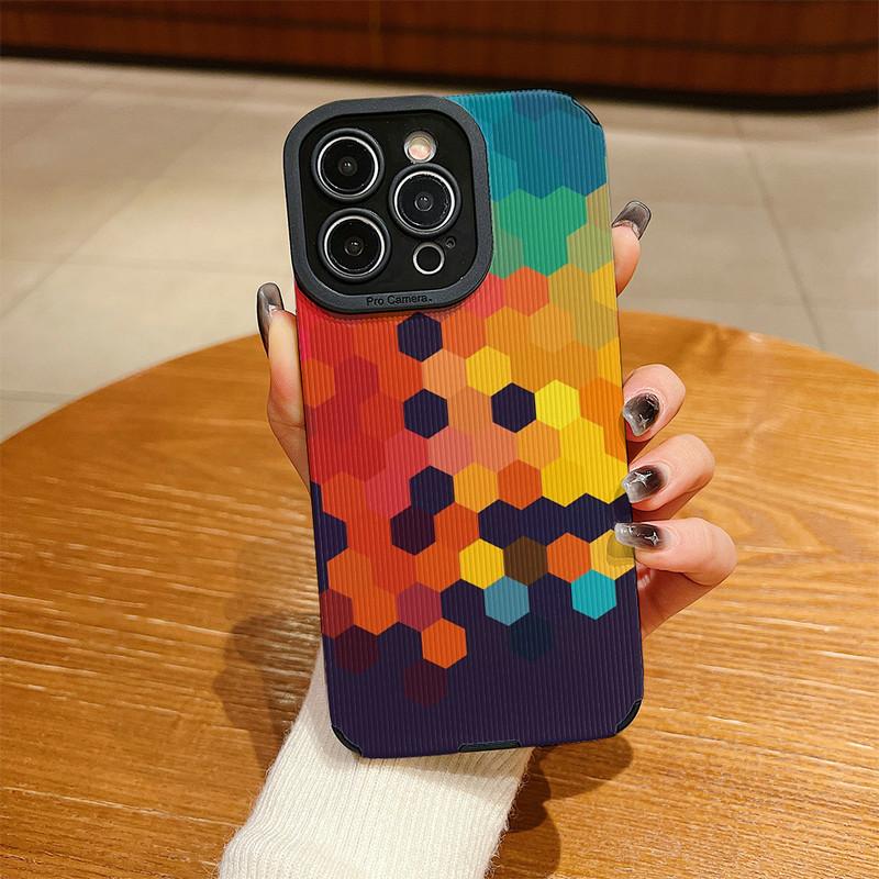 Vertical Grain Leather Shell 3D Colorful Printed Patterned Shockproof Soft Silicone Case with Camera Lens Full Protection for iPhone