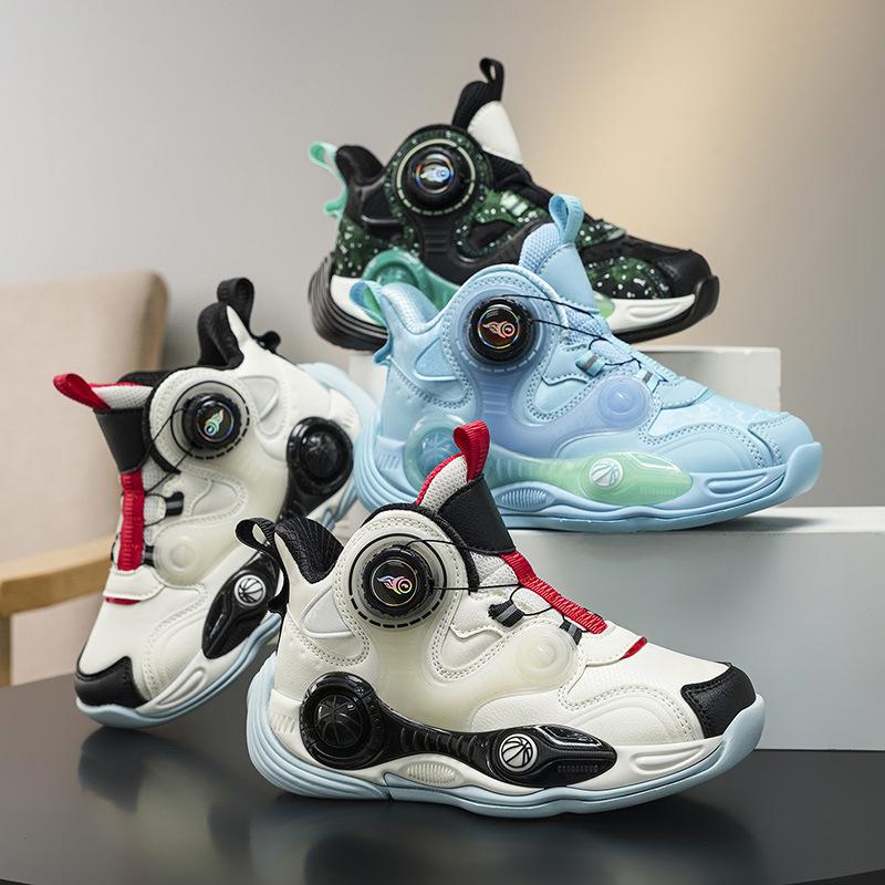 Source factory rotating buckle leather surface children's actual basketball shoes new non-slip thick-soled cool outdoor sports shoes