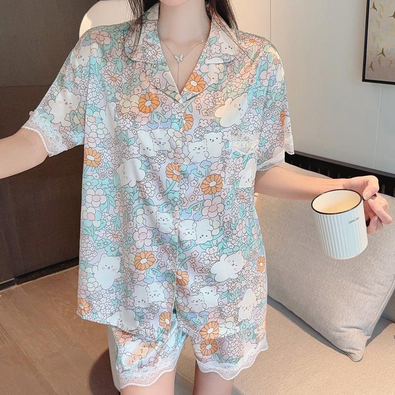 High Value Light Luxury Casual Ice Silk Temperament Pajamas Women'S Short-Sleeved Shorts Set Can Be Worn Outside