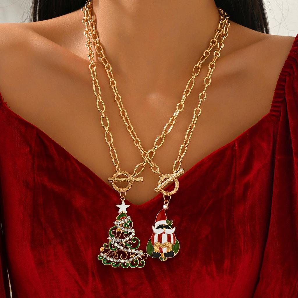 Women's Cartoon Enamel Christmas Tree & Santa Claus Pendant Necklace