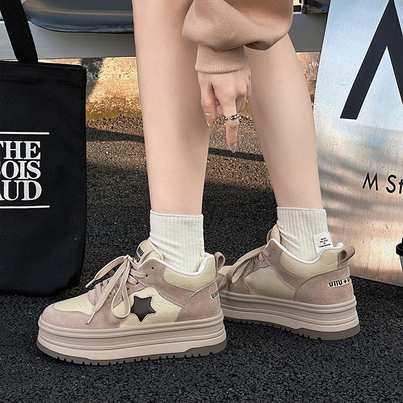 Leather high-top women's autumn and winter new panda star velvet platform sports and leisure cotton shoes