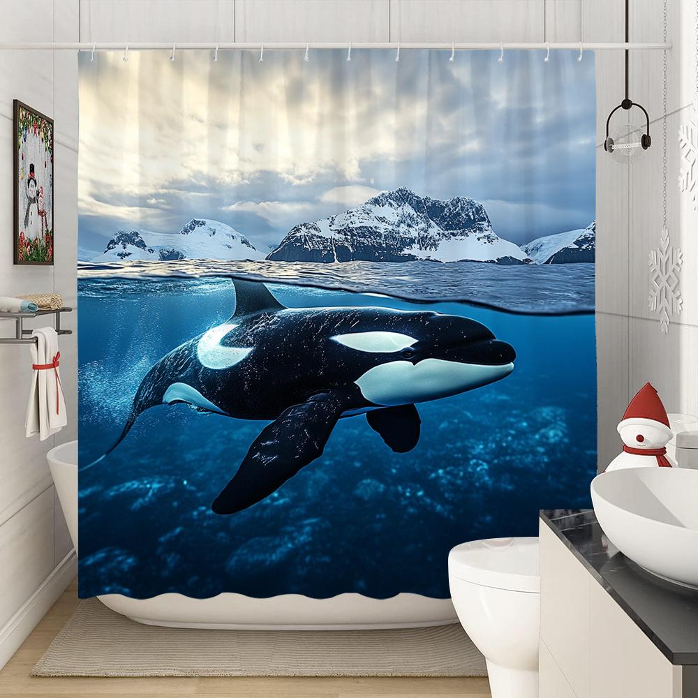 1Pc Ocean Whale Shower Curtain - 2D Printed Design With Majestic Orca & Scenic Mountain Landscape, Durable Polyester, Machine Wa