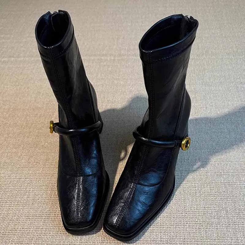 Thick Heel Elastic Slim Women Ankle Boots Fashion Square Toe Autumn Winter Ladies Elegant Mordern Short Booties