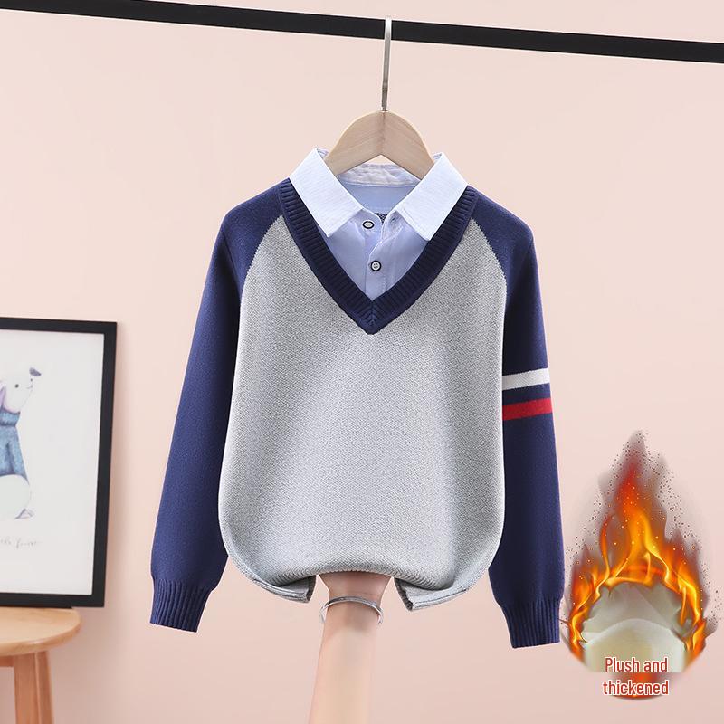 Jungen Strickpullover mit Fleecefutter: Dickes Fake-Zweiteiler-Design für Frühling/Herbst/Winter