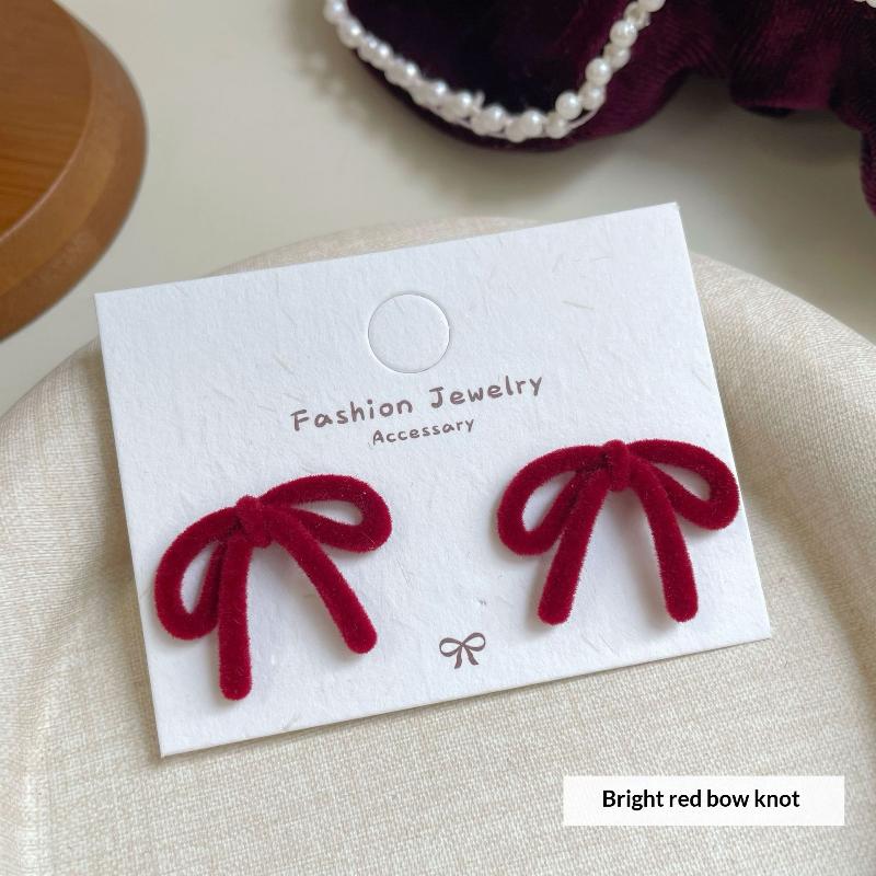 Cute Red Bow Flocking Earrings Simple Elegant Exquisite Sweet Festive Earrings Ear Studs Jewelry Accessories New Year Gifts